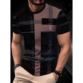 Camiseta Casual Masculina Preta Xadrez, 100% Poliéster, Gola Redonda, Lavável à Máquina - Todas as Estações, Xadrez Preto