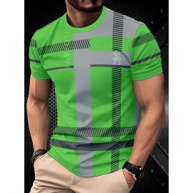 Camiseta Casual Masculina Preta Xadrez, 100% Poliéster, Gola Redonda, Lavável à Máquina - Todas as Estações, Xadrez Preto