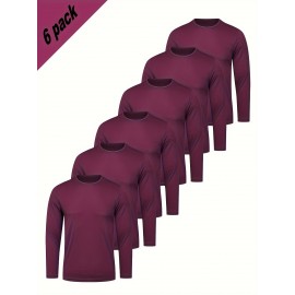 Conjunto de 6 Camisetas Esportivas Masculinas de Manga Longa Absorventes de Umidade - respiráveis, de secagem rápida, tecido de poliéster ligeiramente elástico - camiseta de cor sólida para esportes, fitness casual e vestuário casual