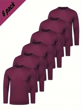 Conjunto de 6 Camisetas Esportivas Masculinas de Manga Longa Absorventes de Umidade - respiráveis, de secagem rápida, tecido de poliéster ligeiramente elástico - camiseta de cor sólida para esportes, fitness casual e vestuário casual