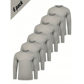 Conjunto de 6 Camisetas Esportivas Masculinas de Manga Longa Absorventes de Umidade - respiráveis, de secagem rápida, tecido de poliéster ligeiramente elástico - camiseta de cor sólida para esportes, fitness casual e vestuário casual