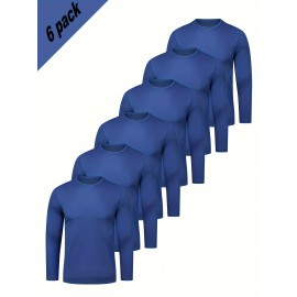 Conjunto de 6 Camisetas Esportivas Masculinas de Manga Longa Absorventes de Umidade - respiráveis, de secagem rápida, tecido de poliéster ligeiramente elástico - camiseta de cor sólida para esportes, fitness casual e vestuário casual